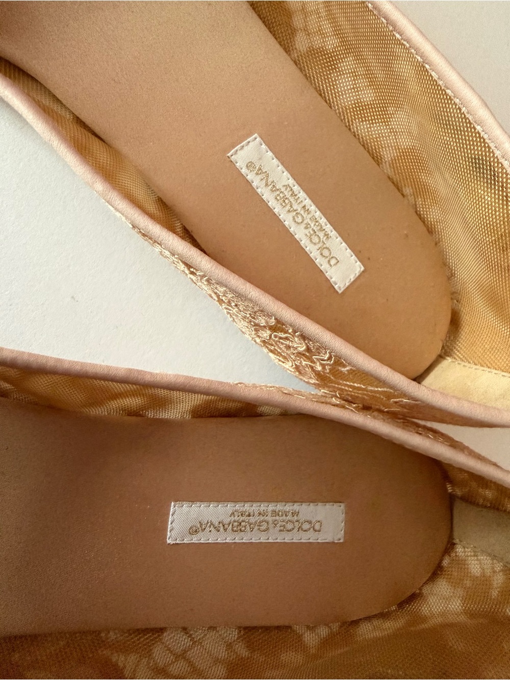Dolce & Gabbana Beige Lace Ballet Flats with Pink Trim and Red Floral Appliqué - Picture 3 of 17